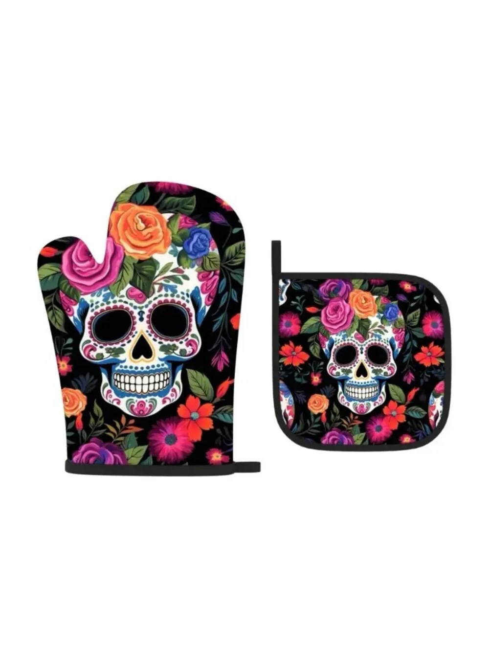 New - 2pcs Floral Skull - Oven Mitts and Pot Holders Set